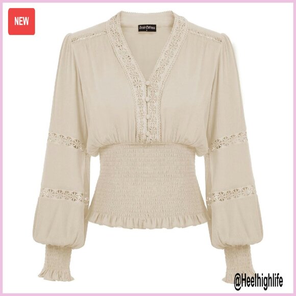 Tops - Renaissance Boho Blouse Long Sleeve V Neck Smocked Peasant Top